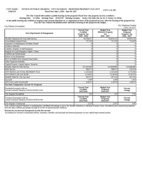 FY2027 Maximum Proposed Property Tax Hearing Notice
